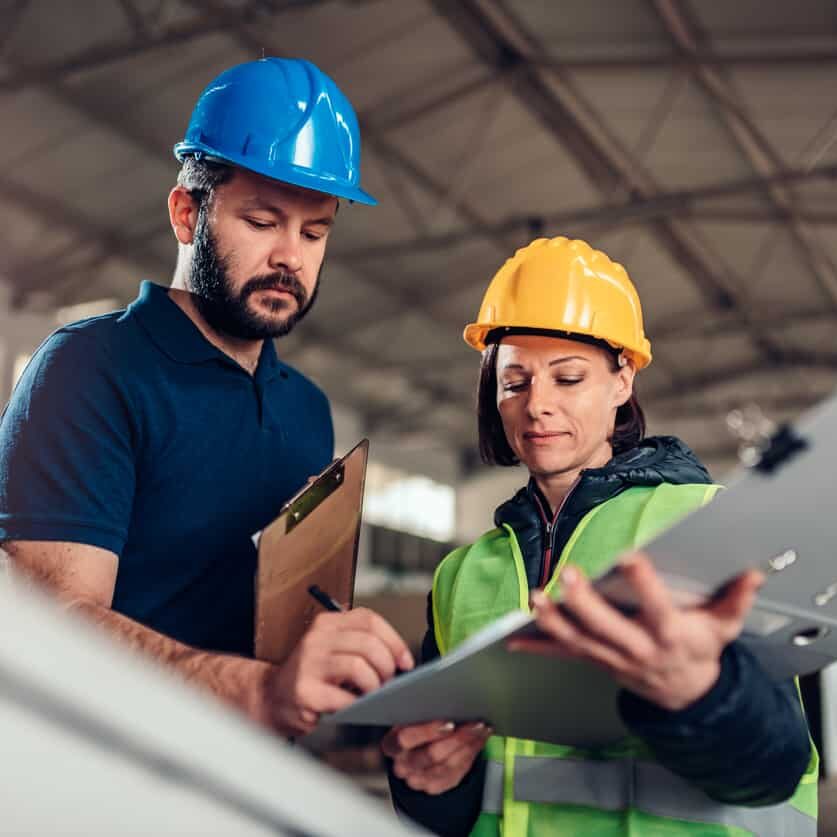 Factory worker signing document in industrial hall